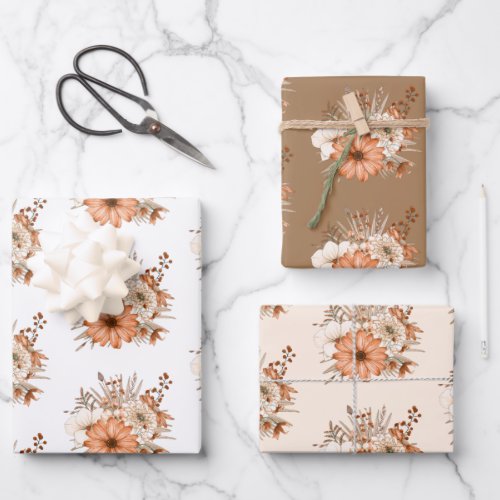 Fall Florals Pattern White Cream Gold Thanksgiving Wrapping Paper Sheets