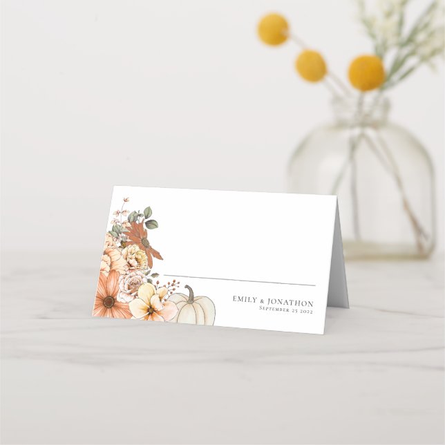 Fall Florals Pumpkin Names Date Wedding  Place Card (Front)