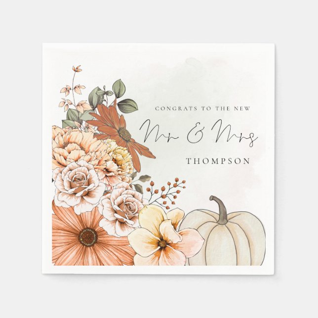 Fall Florals Watercolor Congrats Mr Mrs Wedding Napkins (Front)