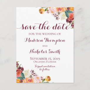 Fall Flower Save the Date Postcards, Orange Pink Postcard