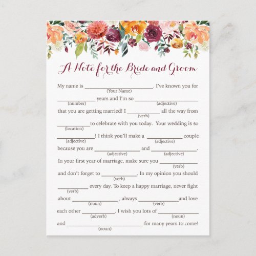 Fall Flower Wedding Advice Cards Orange Pink Postcard