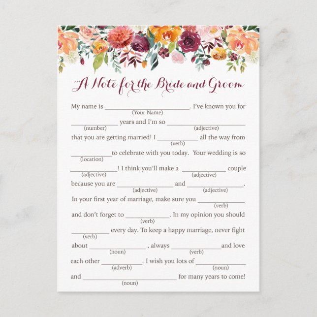 Fall Flower Wedding Advice Cards, Orange Pink Postcard (Front)