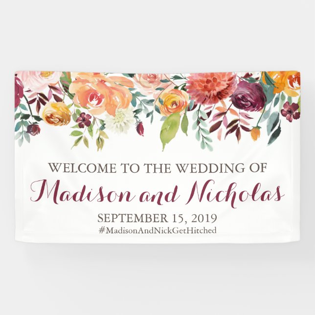 Fall Flower Wedding Banner Decoration, Orange Pink (Horizontal)