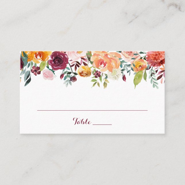 Fall Flower Wedding Flat Place Card, Orange Pink Card (Front)