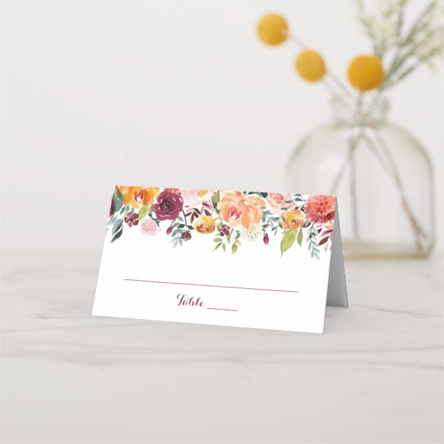 Fall Flower Wedding Folded Place Cards Orange Pink (Front)