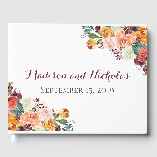 Fall Flower Wedding Guest Book, Orange Pink Guest Book (Front)