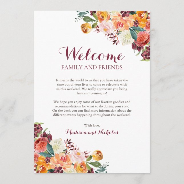 Fall Flower Wedding Hotel Welcome Cards, Orange Program (Front)