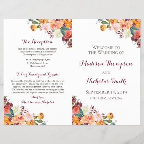 Fall Flower Wedding Program Booklets Orange Pink Flyer