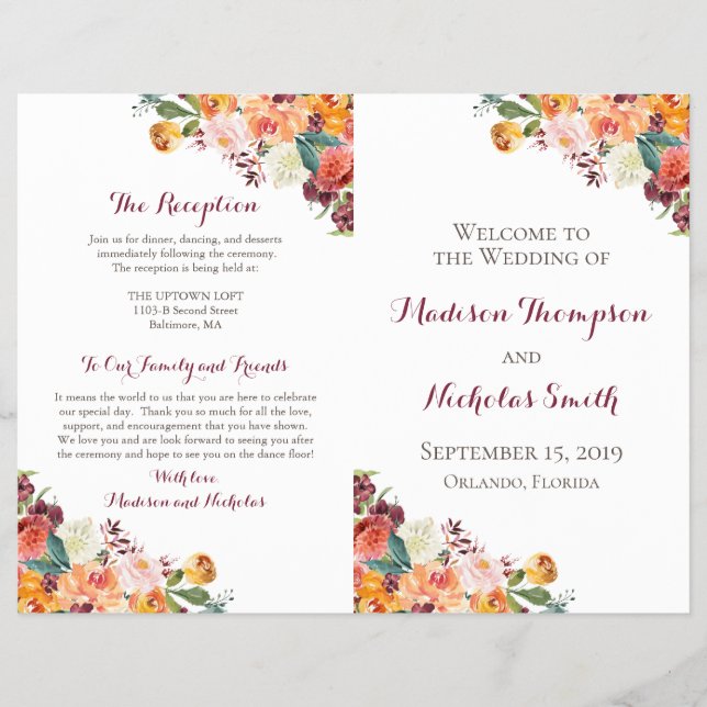 Fall Flower Wedding Program Booklets, Orange Pink Flyer (Front)