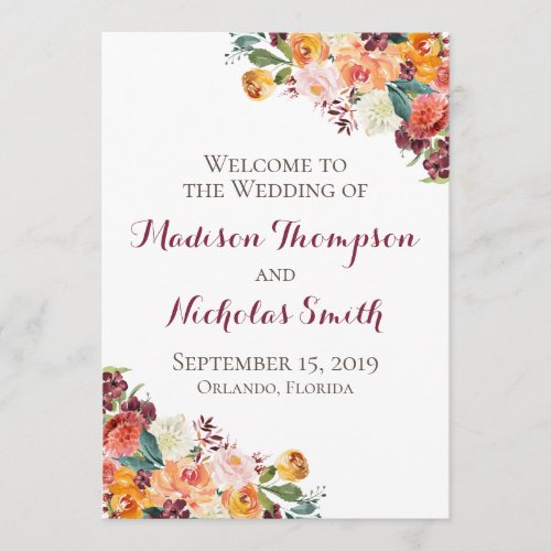 Fall Flower Wedding Program Cards Orange Burgundy