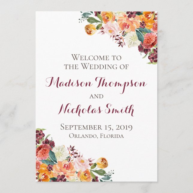 Fall Flower Wedding Program Cards, Orange Burgundy (Front)