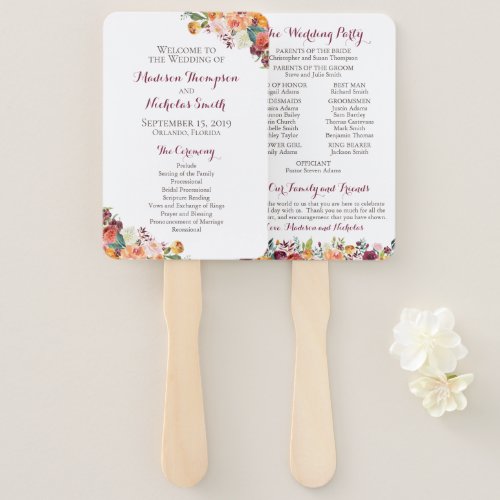 Fall Flower Wedding Program Fans Orange Maroon Hand Fan