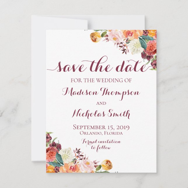 Fall Flower Wedding Save The Date Card, Orange (Front)