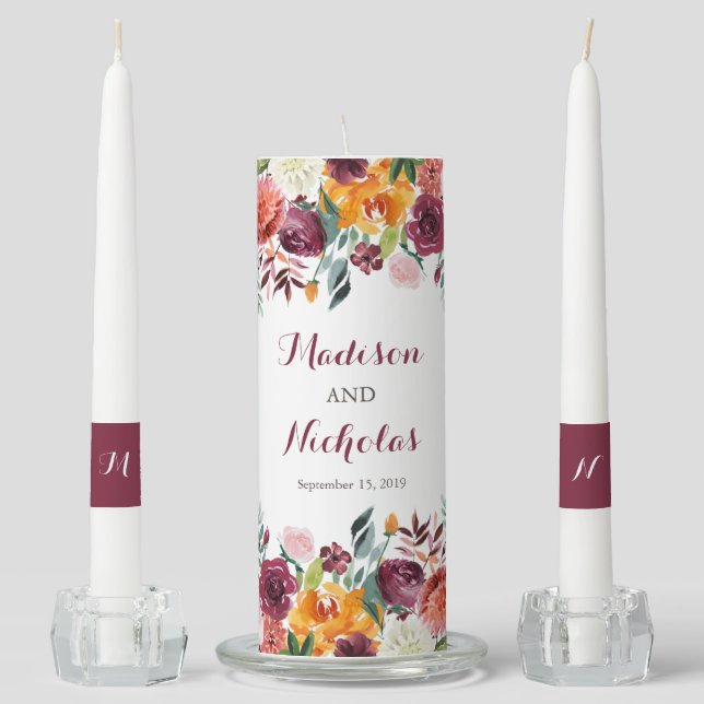 Fall Flower Wedding Unity Candle Set, Orange Pink (Front)