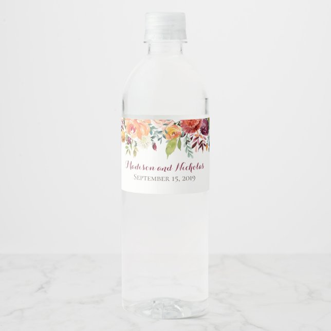 Fall Flower Wedding Water Bottle Labels, Orange Label (Front)