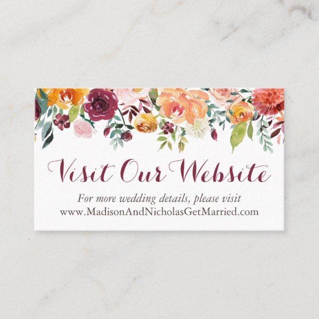 Fall Flower Wedding Website Insert Cards, Orange (Front)