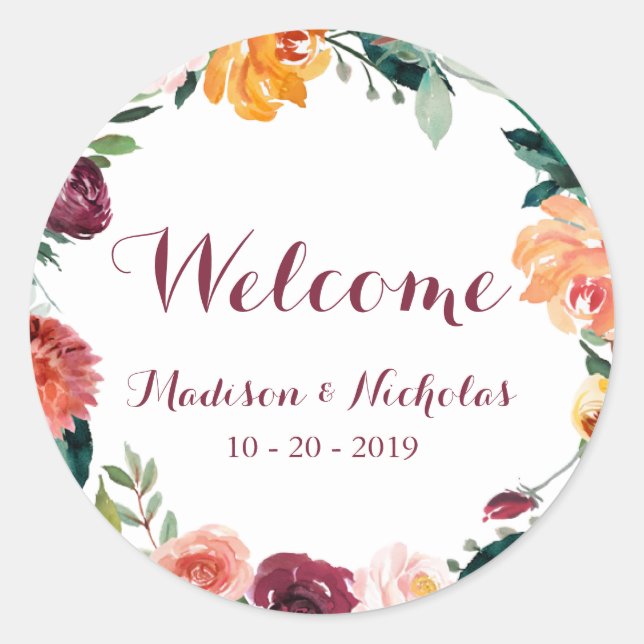 Fall Flower Wedding Welcome Stickers Orange Maroon (Front)