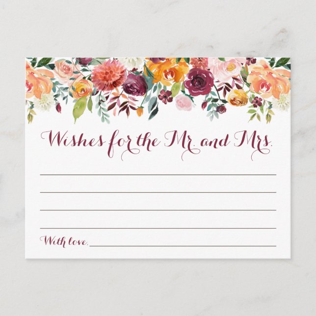 Fall Flower Wedding Wishes Cards, Orange Pink Postcard (Front)