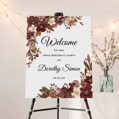 Fall Flowers 100th Birthday Party Welcome Foam Board
