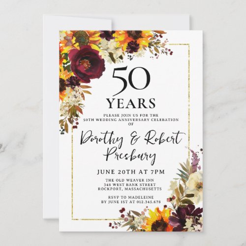 Fall Flowers 50th Wedding Anniversary Party Invitation