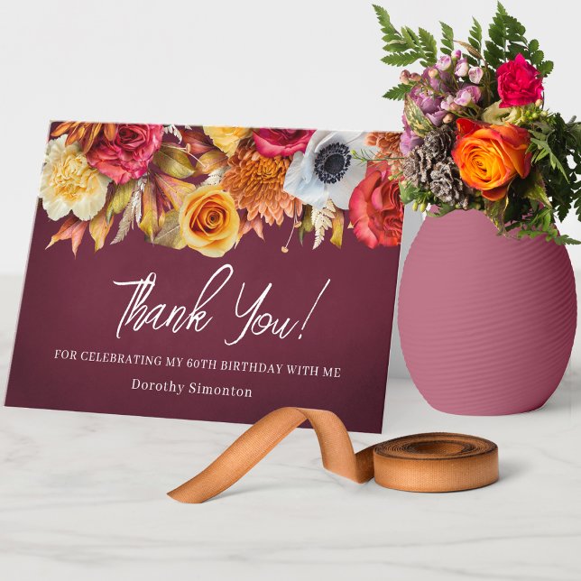 Fall Flowers 60th Birthday Folded Letterpress Thank You Card (60th birthday fall thank you note. Lots of matching products. Message me for help to see them!)