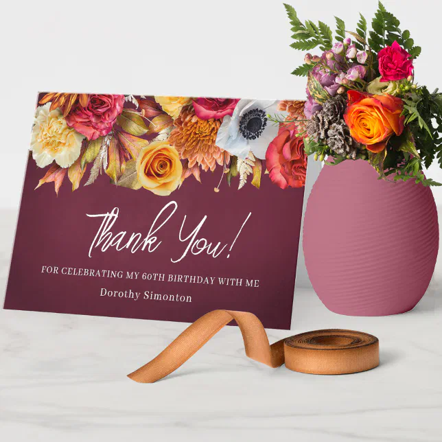 Fall Flowers 60th Birthday Folded Thank You Card | Zazzle