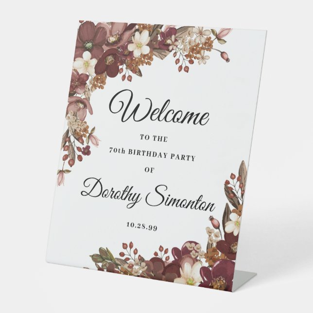Fall Flowers 70th Birthday Party Welcome Pedestal Sign (Front)
