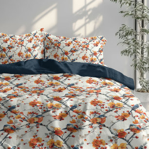 Fall Flowers and Birds Duvet for Cozy Autumn Night Cover