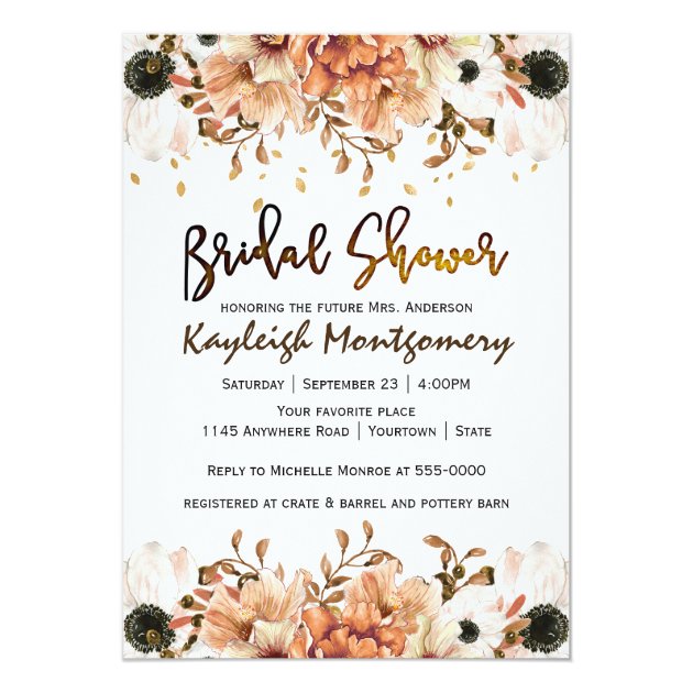 Fall Flowers And Falling Leaves Bridal Shower Invitation