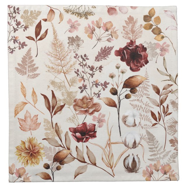 Fall Flowers and Leaves Watercolor Cloth Napkin (Front)