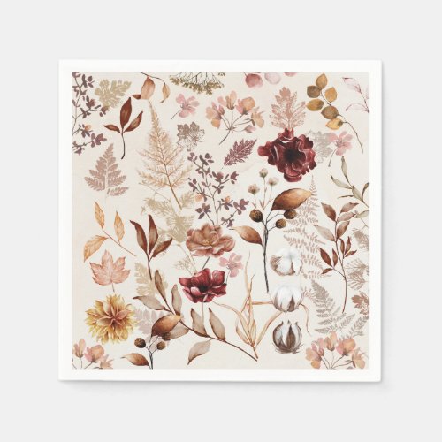 Fall Flowers and Leaves Watercolor Napkins