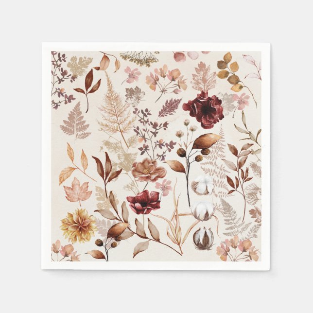 Fall Flowers and Leaves Watercolor Napkins (Front)