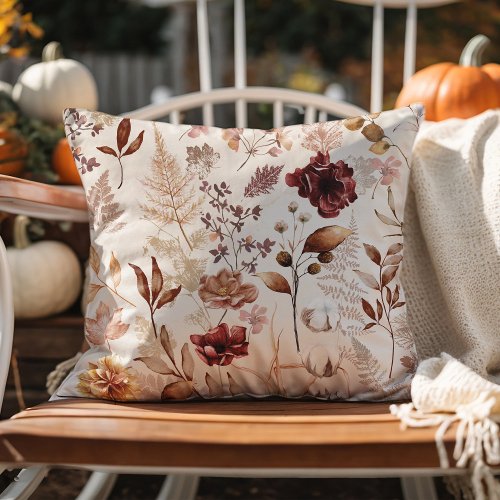 Fall Flowers and Leaves Watercolor Throw Pillow