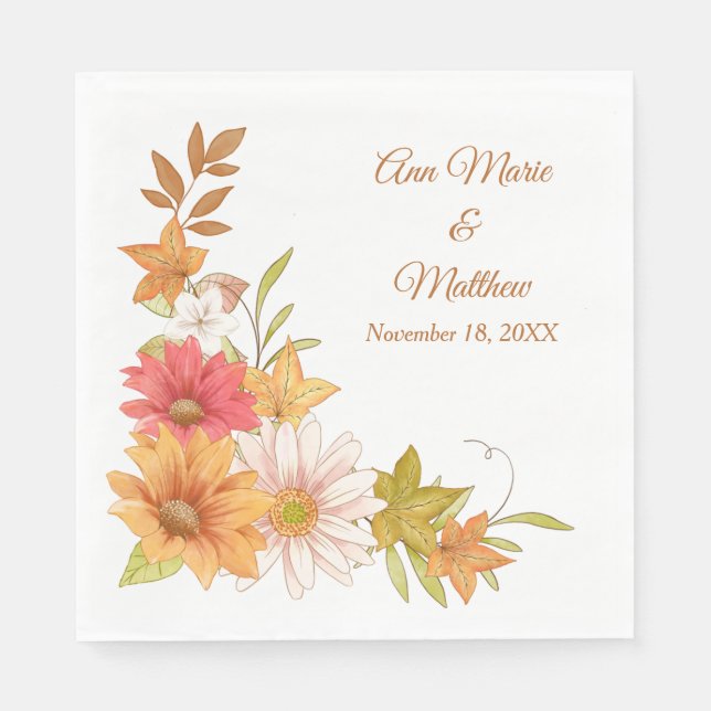 Fall Flowers and Leaves Wedding Napkins (Front)