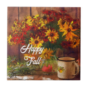 Fall flowers and mug with customizable text ceramic tile