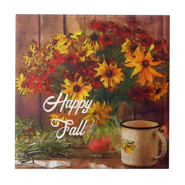 Fall flowers and mug with customizable text ceramic tile (Front)