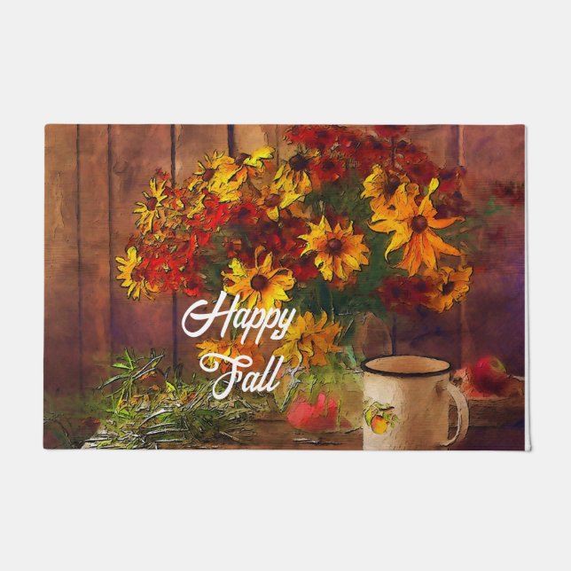 Fall flowers and mug with customizable text  doormat (Front)
