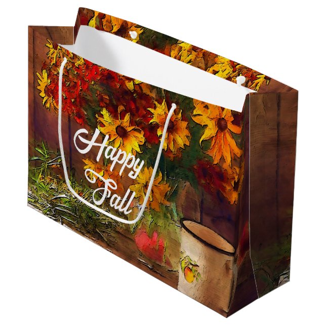 Fall flowers and mug with customizable text large gift bag (Front Angled)