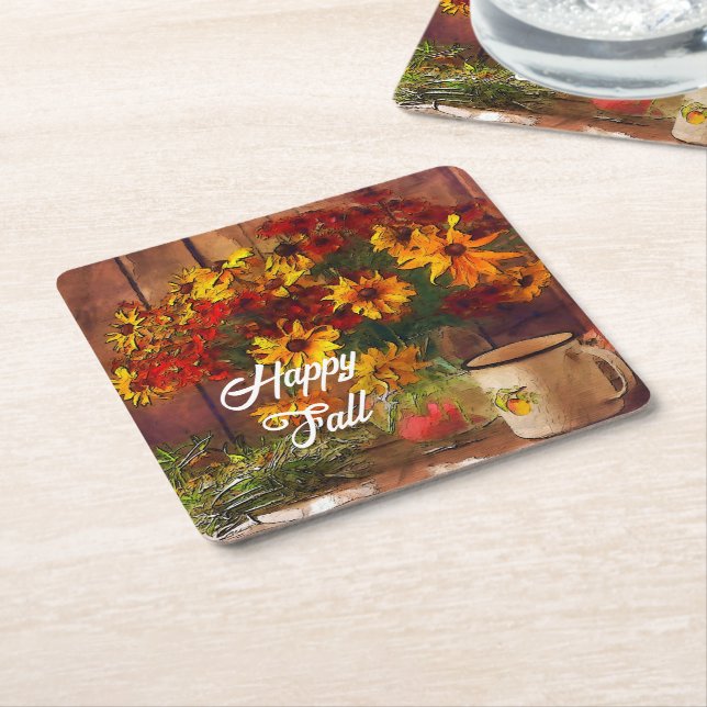 Fall flowers and mug with customizable text  square paper coaster (Angled)