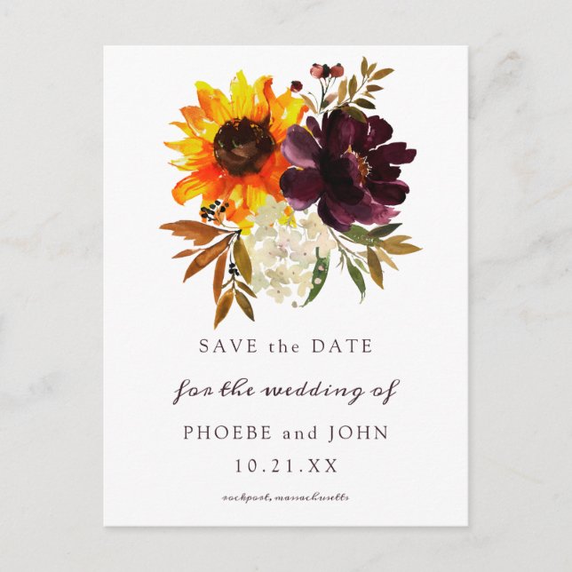 Fall Flowers and Photograph Save the Date Postcard (Front)