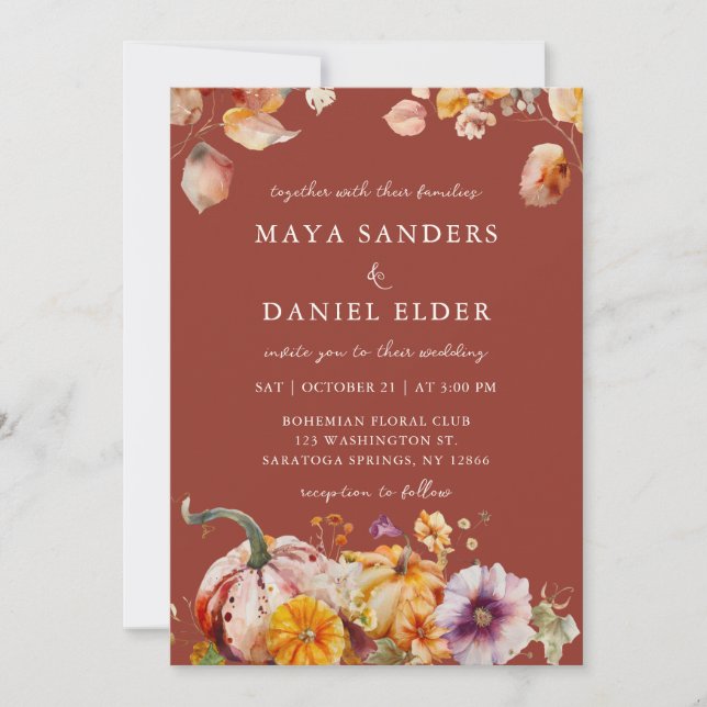 Fall Flowers and Pumpkins Cozy Wedding Invitation (Front)