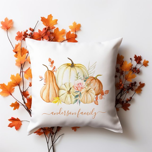 Fall Flowers and Pumpkins Personalized Throw Pillow (Creator Uploaded)