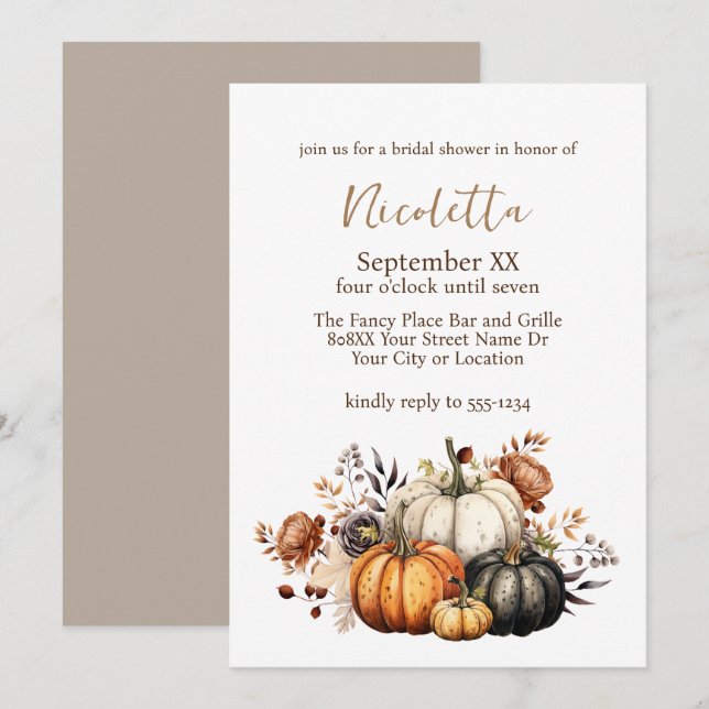 Fall Flowers and Pumpkins Watercolor Autumn Invitation (Front/Back)