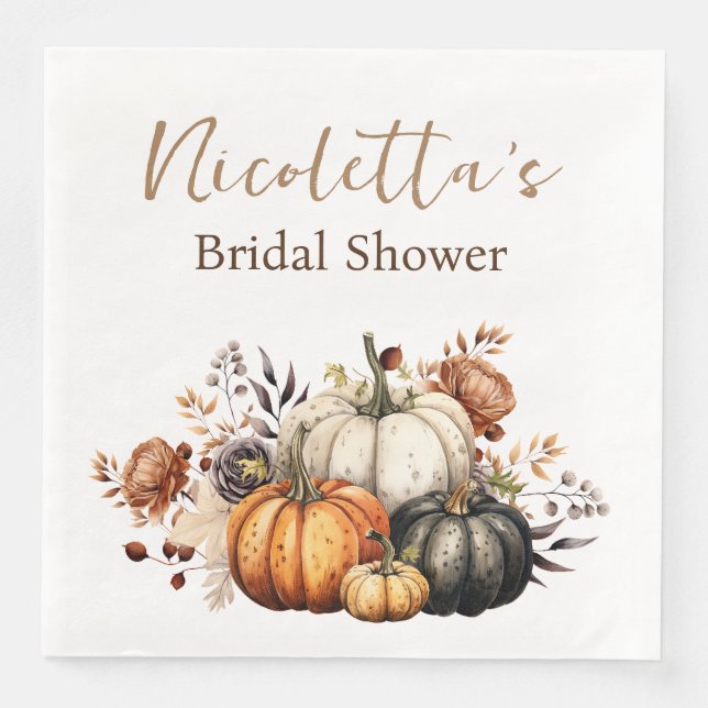 Fall Flowers and Pumpkins Watercolor Autumn Paper Dinner Napkins (Front)