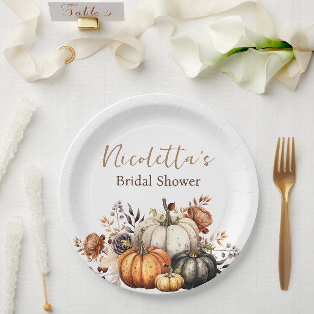 Fall Flowers and Pumpkins Watercolor Autumn Paper Plates (Wedding)