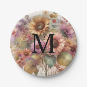 Fall flowers and sunflowers watercolor pastels paper plates