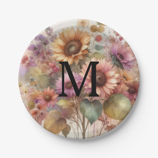 Fall flowers and sunflowers watercolor pastels paper plates (Front)