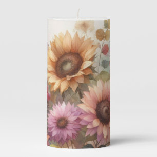 Fall flowers and sunflowers watercolor pastels pillar candle