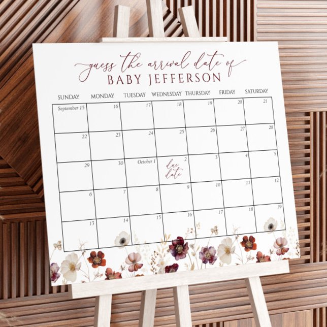 Fall Flowers Baby Shower Guess Due Date Calendar Poster (Creator Uploaded)