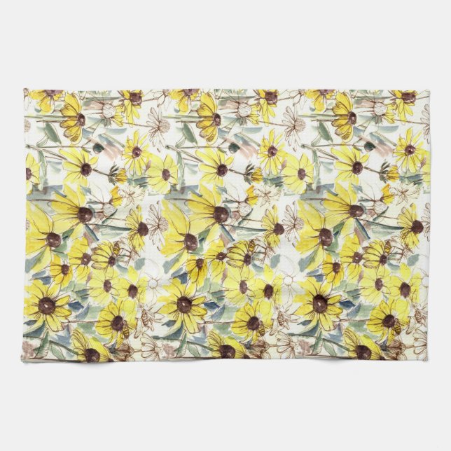 Fall Flowers Black Eyed Susans Wildflower Garden Kitchen Towel (Horizontal)